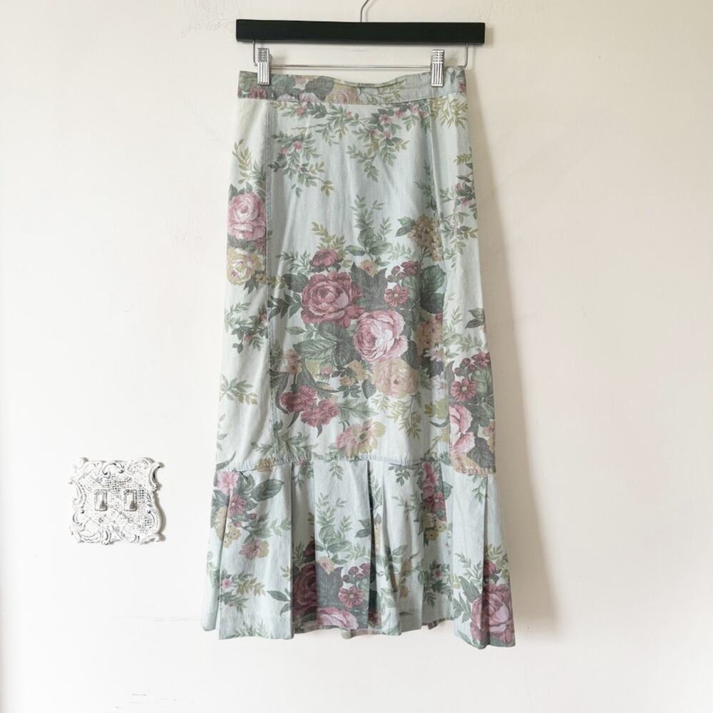 Vintage y2k Gasoline Boho Cottage Rose Floral Denim Pleated Hem Pencil Skirt XS